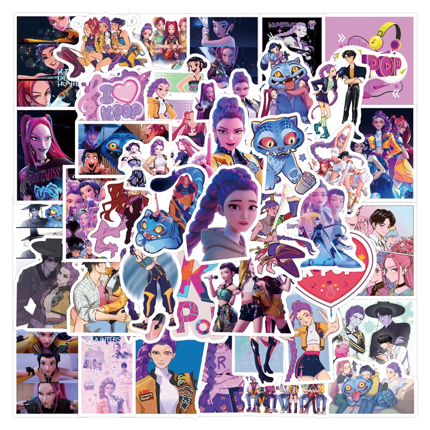 55Pcs Anime KPop Demon Hunters Stickers Demon Hunters Tiger DIY Stickers Scrapbooking Phone Luggage Skateboard Waterproof Decal