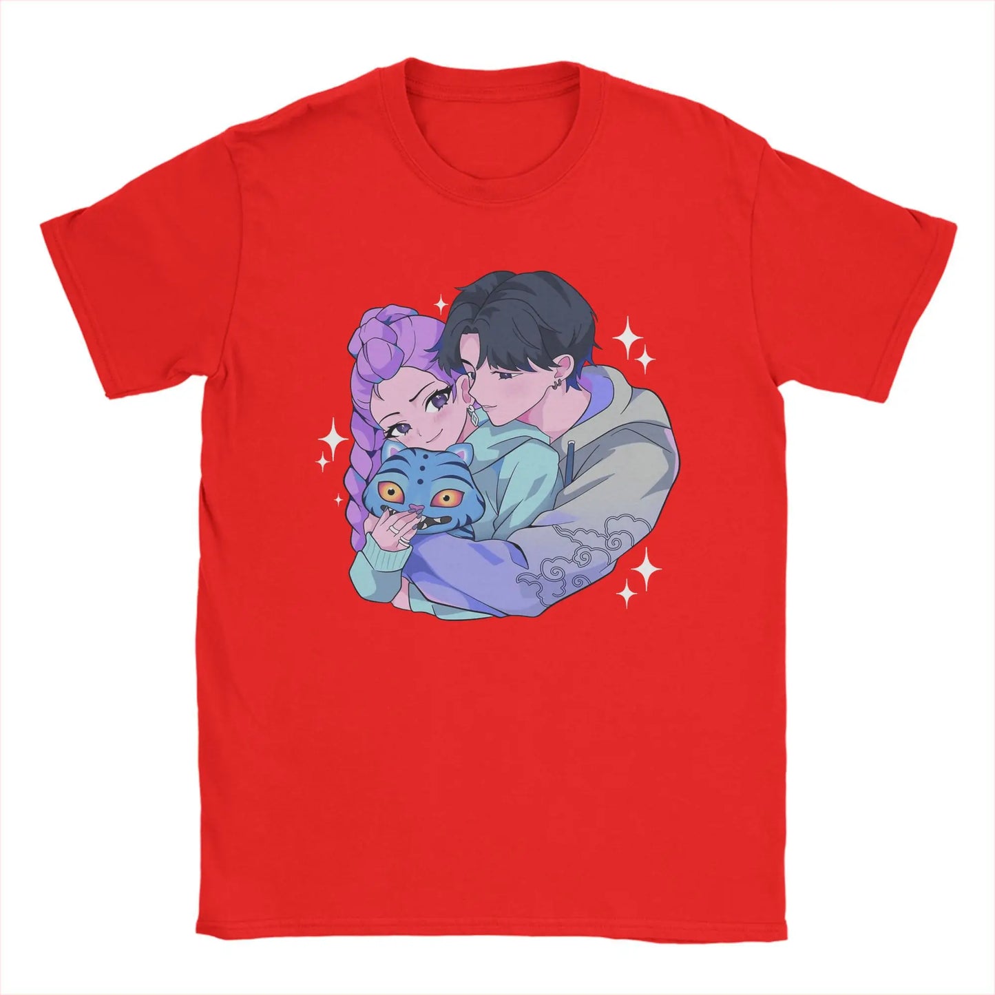 Men's Rujinu Kpop Demon Hunter And Tiger T Shirt Cotton Tops Vintage Short Sleeve O Neck Tee Shirt Summer T-Shirts