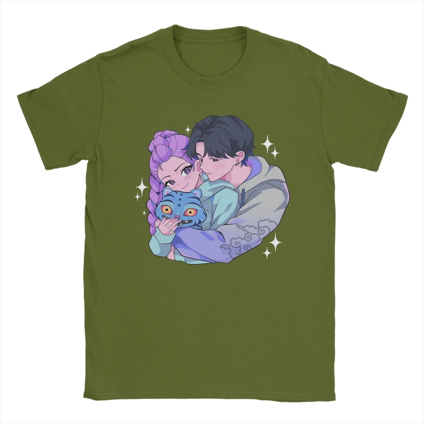 Men's Rujinu Kpop Demon Hunter And Tiger T Shirt Cotton Tops Vintage Short Sleeve O Neck Tee Shirt Summer T-Shirts