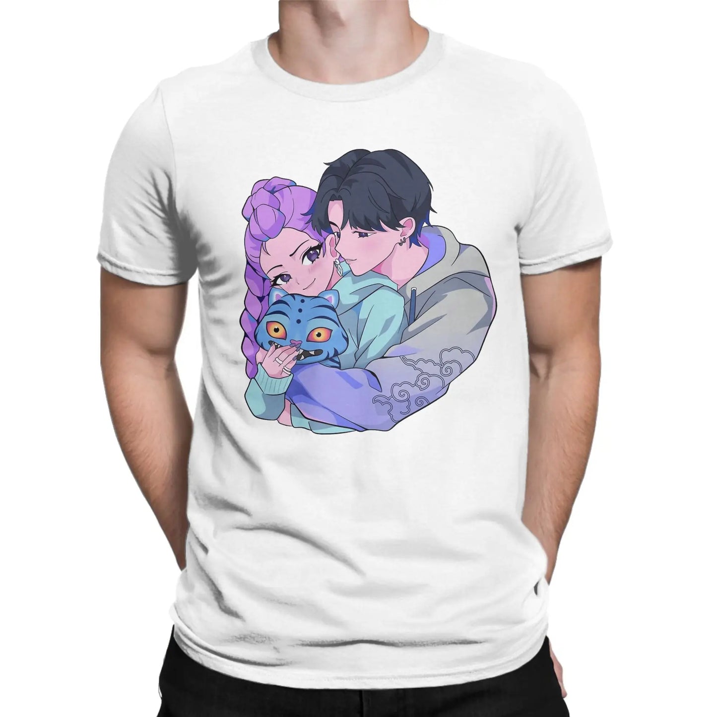 Men's Rujinu Kpop Demon Hunter And Tiger T Shirt Cotton Tops Vintage Short Sleeve O Neck Tee Shirt Summer T-Shirts